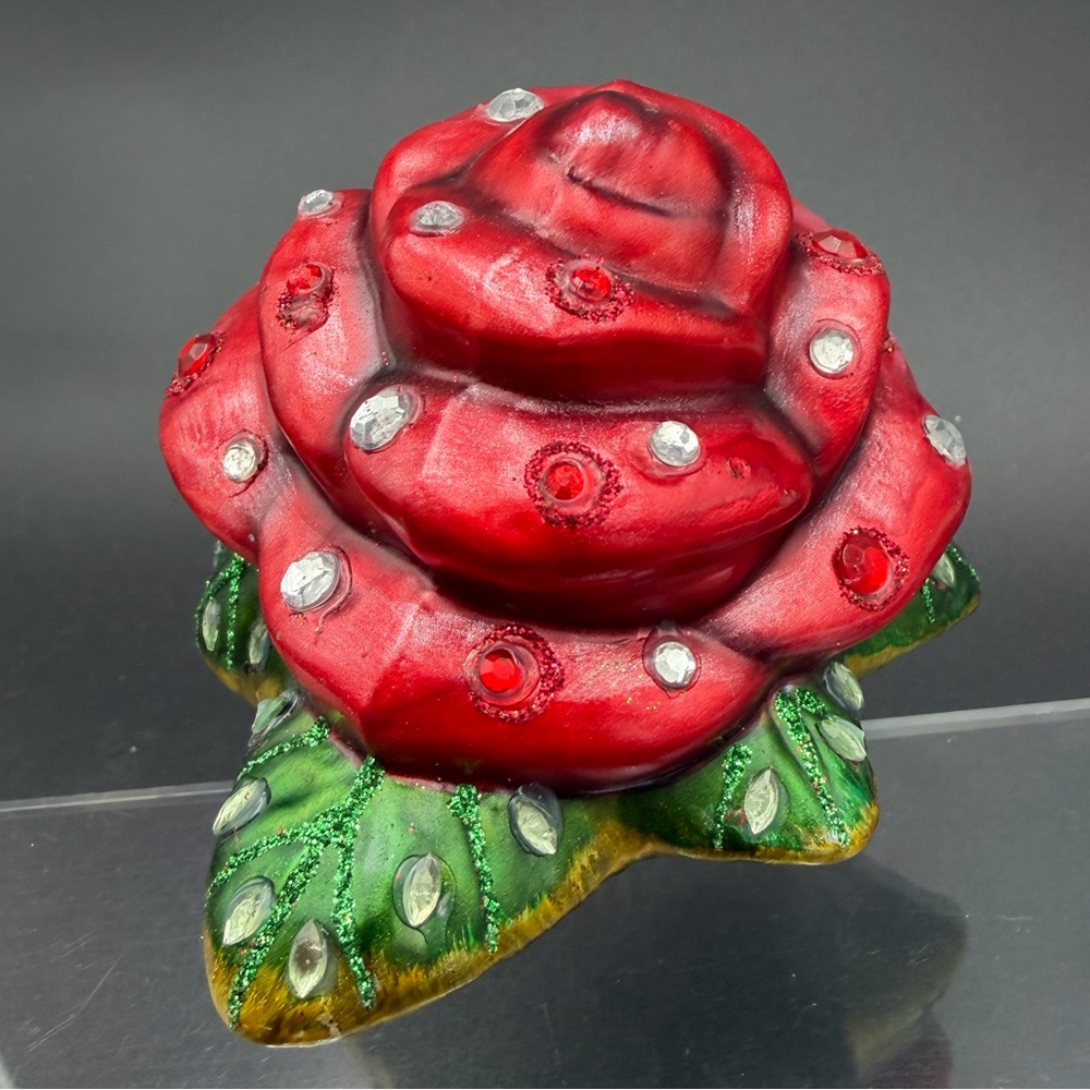 NWT - Vintage Large Glass “The Legend of the Rose” Clip-On Christmas Ornament